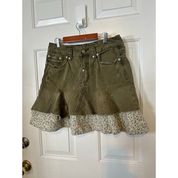 Free People Skirt Womens 28 Olive Green Y2K High Waisted Distressed Flare Mini - Picture 3 of 9